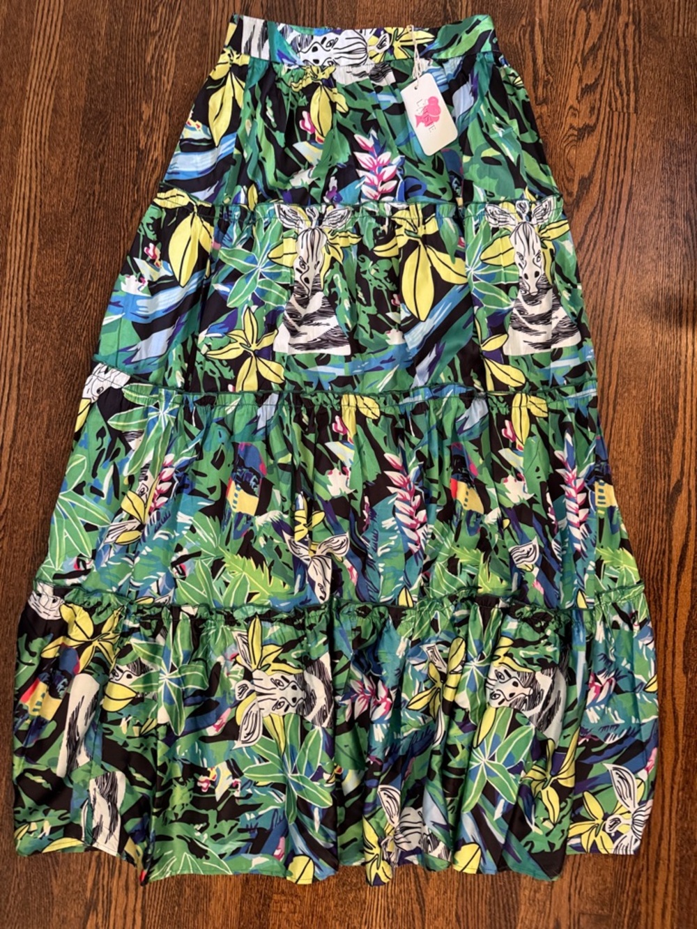 L'ATISTE women’s size M Tropical Green multicolor Maxi Skirt NWT. 3 tiers.